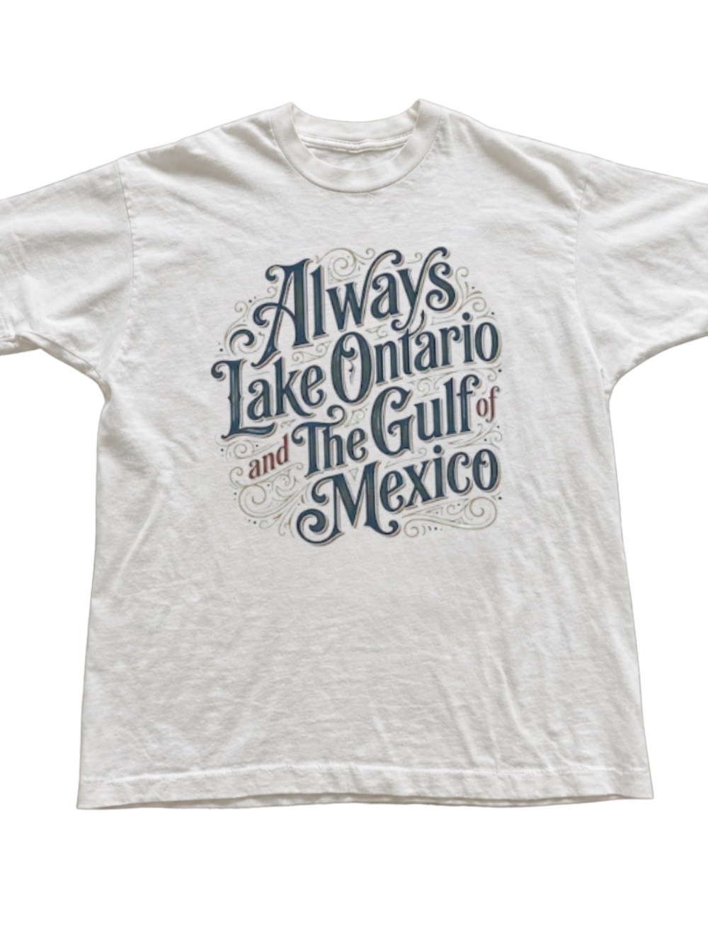 White Short Sleeve Tee with Blue and Light Red Vintage Script